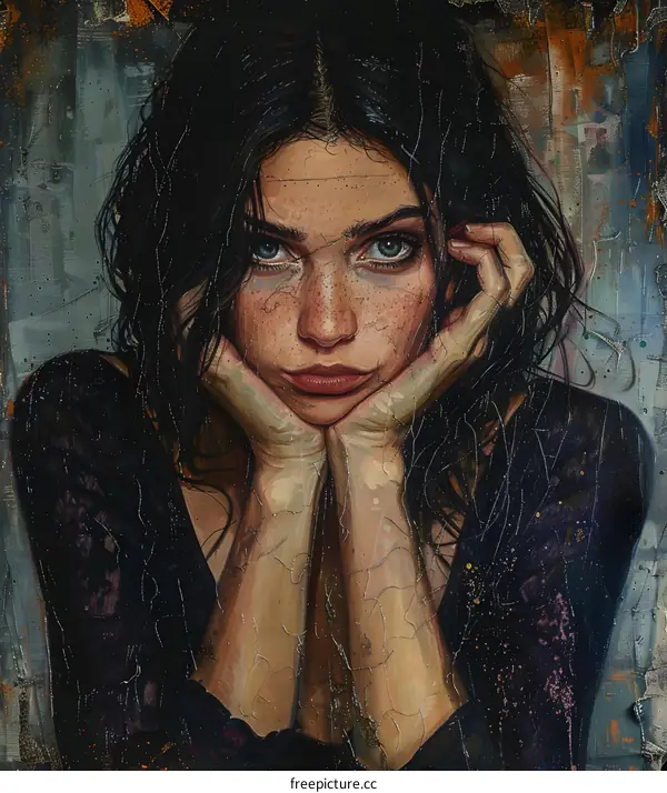 Portrait of a young woman with dark hair and blue eyes