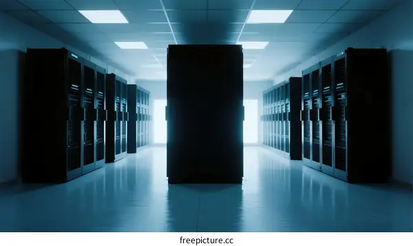 Large server room with rows of black racks and bright lighting