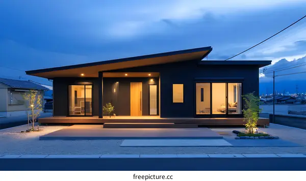 Modern Japanese House with Wood and Black Exterior at Dusk