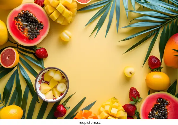 Tropical Fruits Border on Yellow Background
