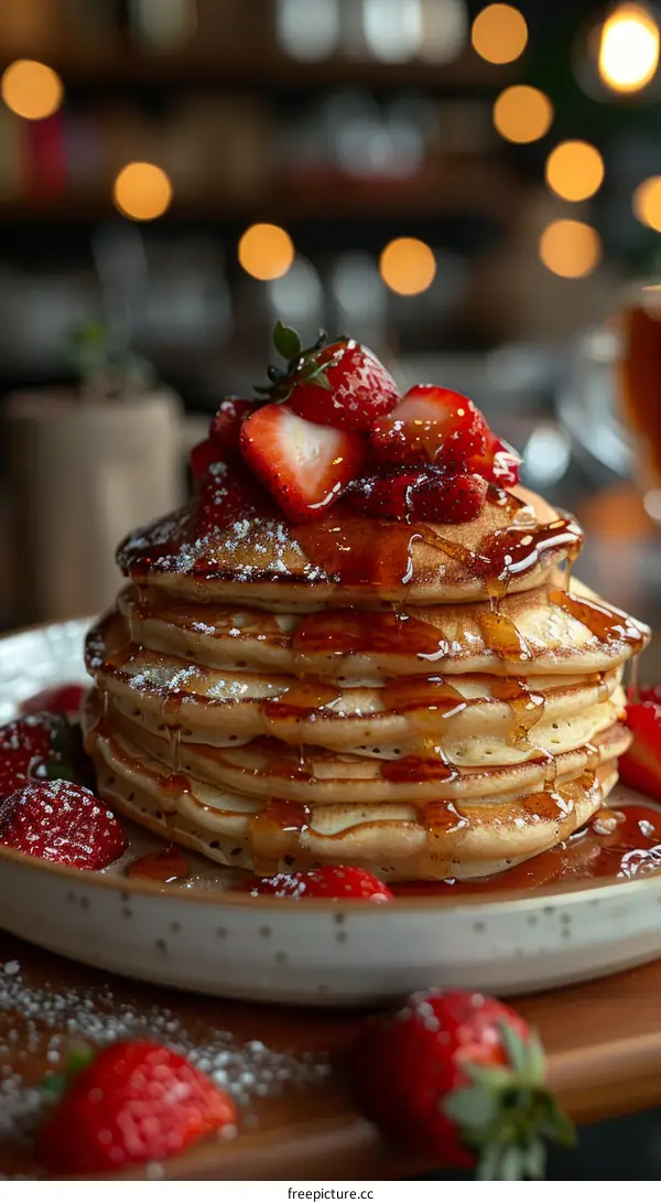 Decadent Pancake Stack with Fresh Strawberries and Maple Syrup