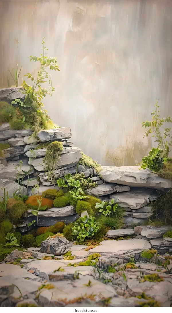 Stone Wall With Moss And Green Plants