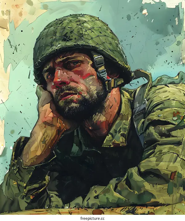 Portrait of a soldier wearing a green helmet