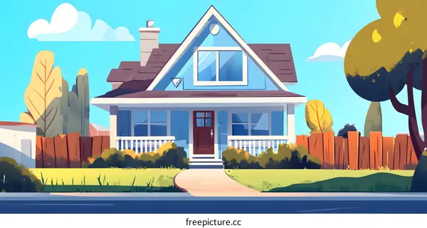 Blue House with a White Porch and a Green Lawn