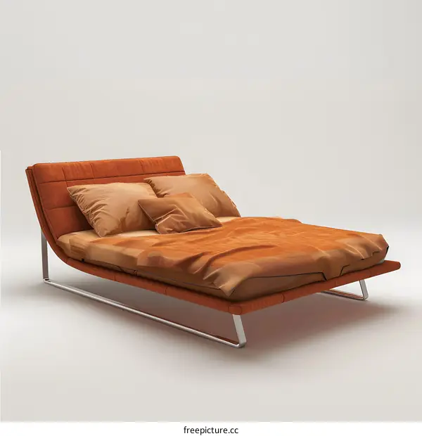 Modern Brown Leather Bed with Pillows and Blanket