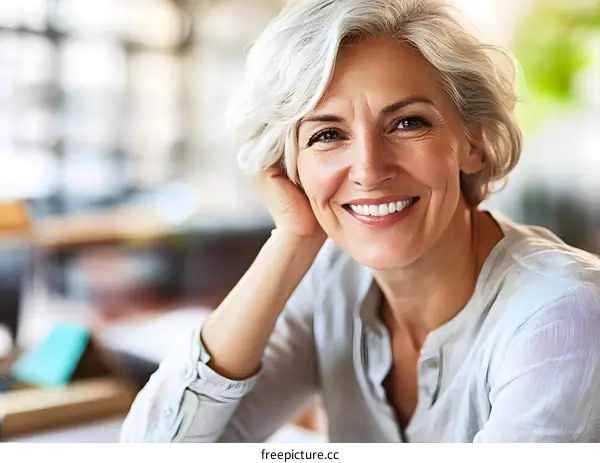 Smiling Mature Woman Portrait, Gray Hair and White Teeth