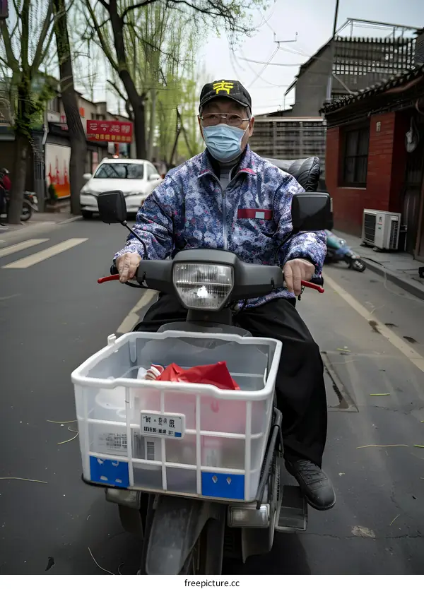Delivery Man Riding Scooter in Chinese City