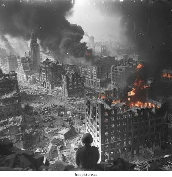A soldier surveying the destruction of Warsaw, Poland, after the Warsaw Uprising of 1944.