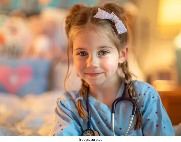 Little Girl Wearing Polka Dot Pajamas and Stethoscope Around Neck