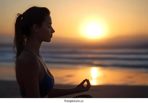 Woman Meditating on the Beach at Sunset
