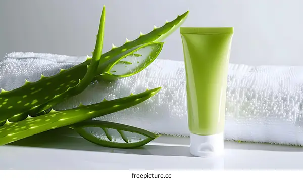 Aloe Vera Plant with Cream Tube and White Towel on White Background