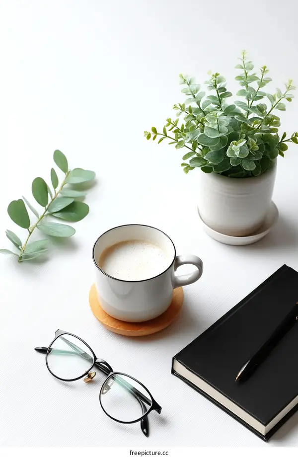 Simple Workspace with Coffee, Plants and Glasses