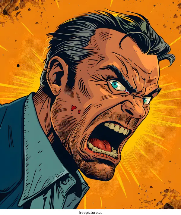 A man with a beard is shouting with an angry expression on his face