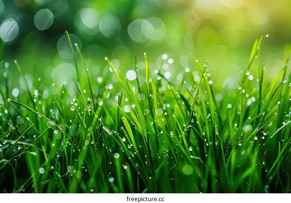 Close-up of green grass with dew drops and blurred background