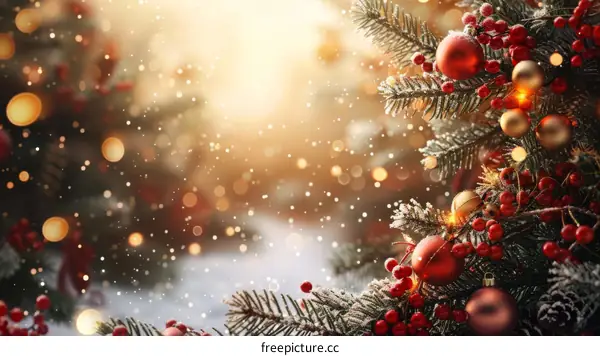 Christmas Tree Ornaments and Snow Falling on a Blurred Background