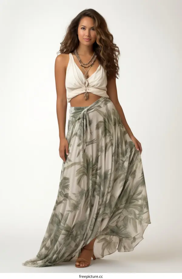 A woman wearing a two piece outfit with a white crop top and a long olive green skirt with a tropical leaf pattern