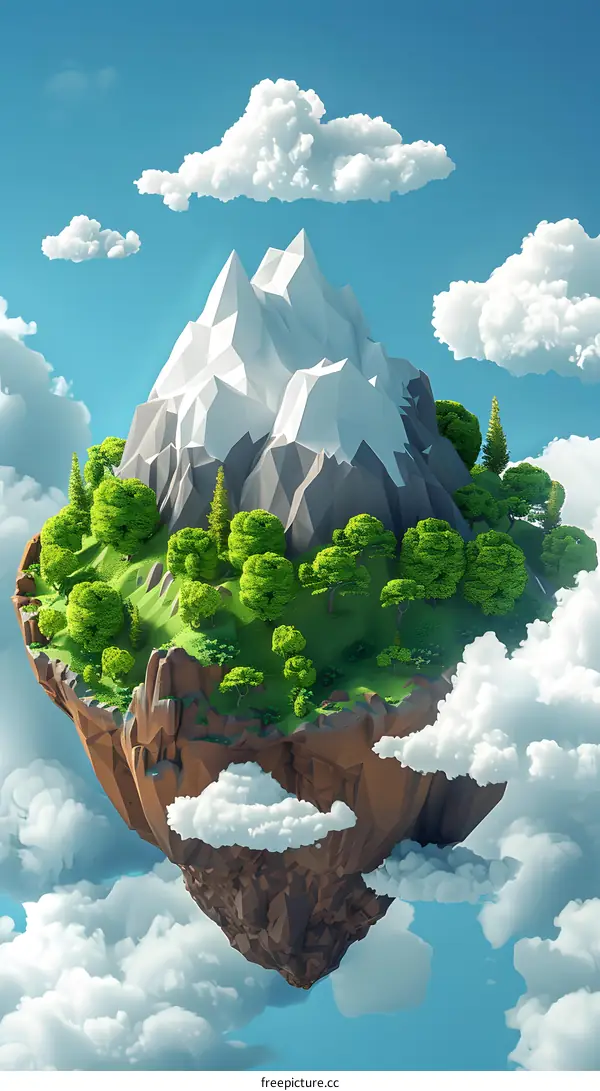 Floating Island with Mountain and Trees in Low Poly Style