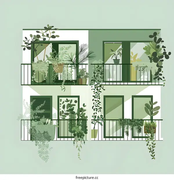 Green Building With Balcony Plants Illustration
