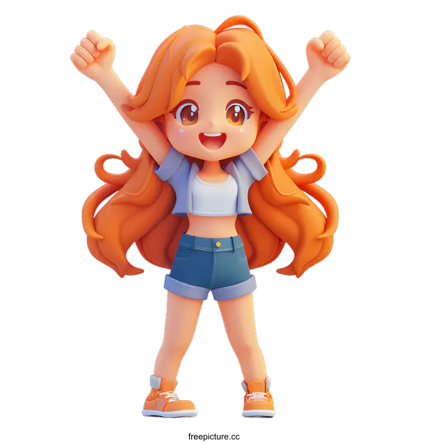 [Transparent Background PNG]Cute 3D Cartoon Character of a Girl with Orange Hair Wearing a Crop Top and Denim Shorts