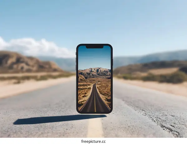 Smartphone on a Road with a Scenic Landscape