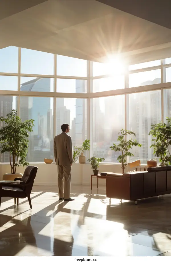 Businessman looking out at city skyline from office window