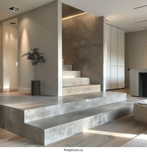 Modern minimalist home interior design with stairs and plants