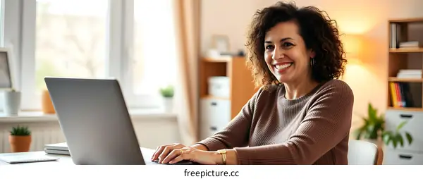 Smiling Woman Working on Laptop at Home Office