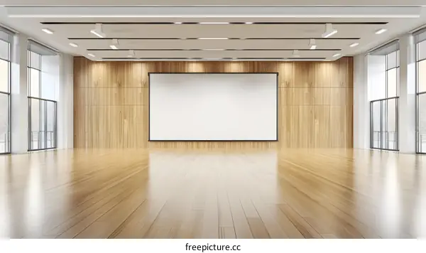 Empty Modern Conference Room with Wooden Walls and Projector Screen