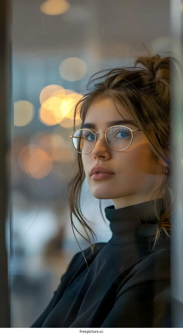 portrait of a young woman looking through a window
