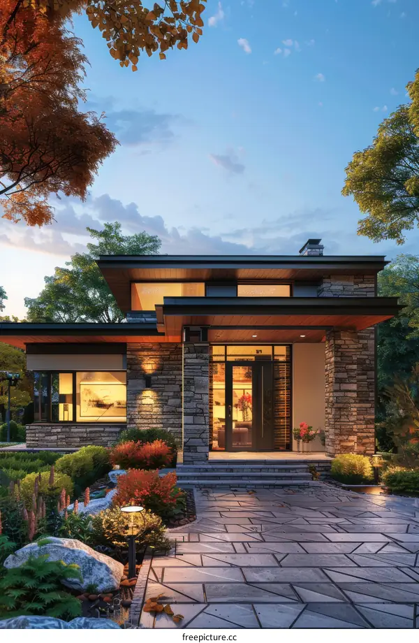 Modern House Exterior at Dusk with Landscaping
