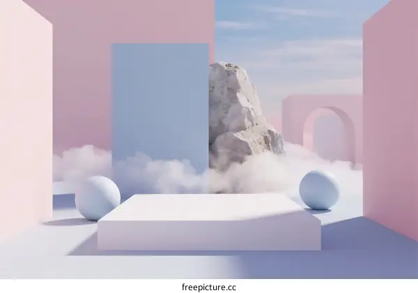 Abstract Geometric Podium with Clouds and Mountain in Pastel Colors