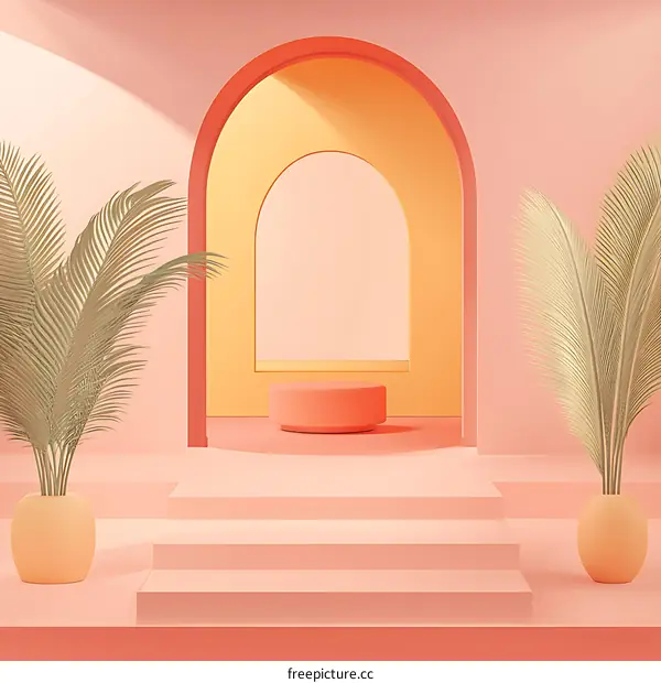 Minimalist 3D Render of Archway With Palm Trees and Podium