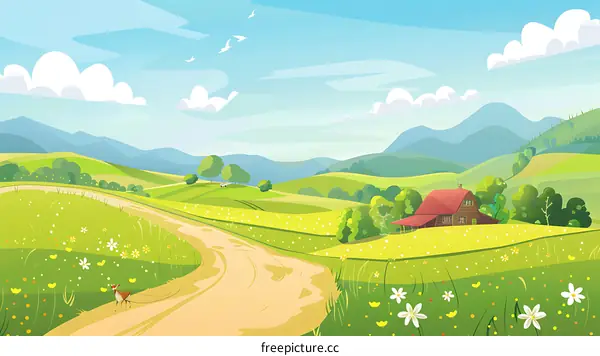 Rural Landscape with Farmhouse and Winding Path