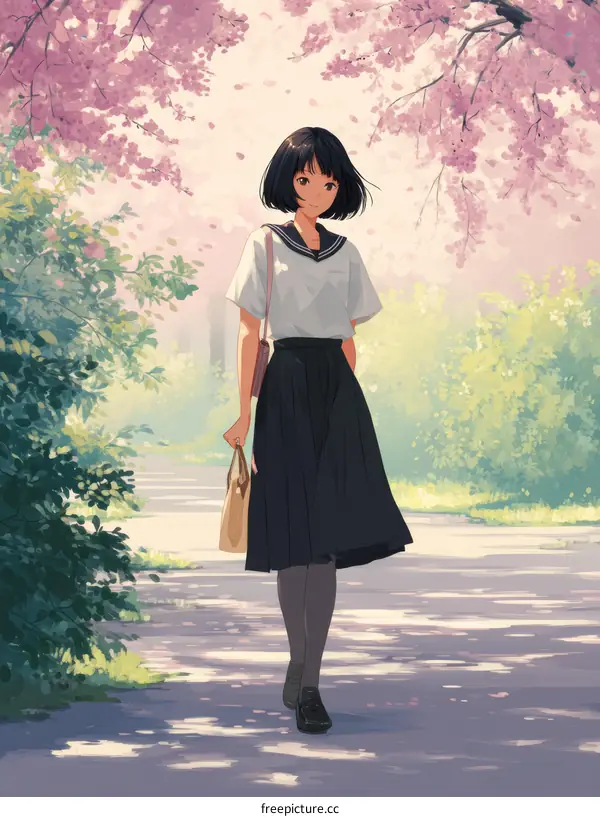 Girl Walking Through Cherry Blossom Trees Illustration