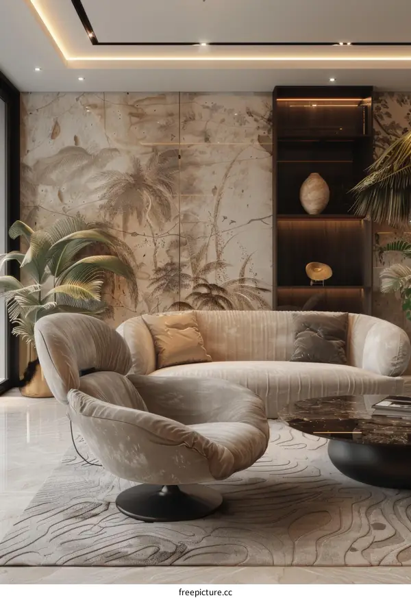 Modern living room interior design with tropical wall art