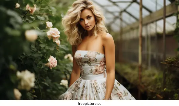 Elegant woman with blonde hair posing in a greenhouse