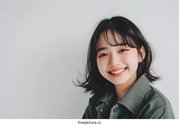 Smiling Asian Woman in Green Jacket