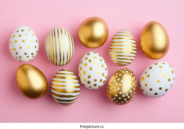 Easter Eggs Decorated with Gold Design on Pink Background