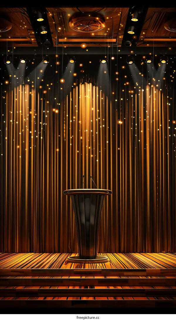 Empty award podium on stage with golden curtain and bright lights