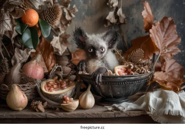 A strange creature sits in a bowl of nuts