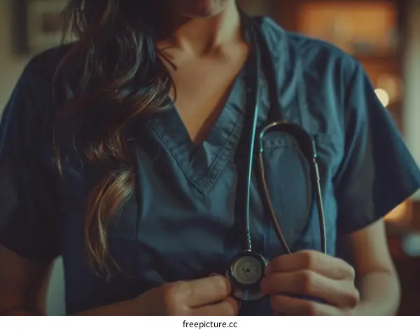 A female doctor in blue uniform is holding a stethoscope