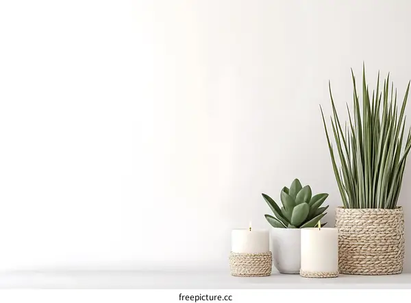 Simple Minimalist White Wall with Candles and Plants