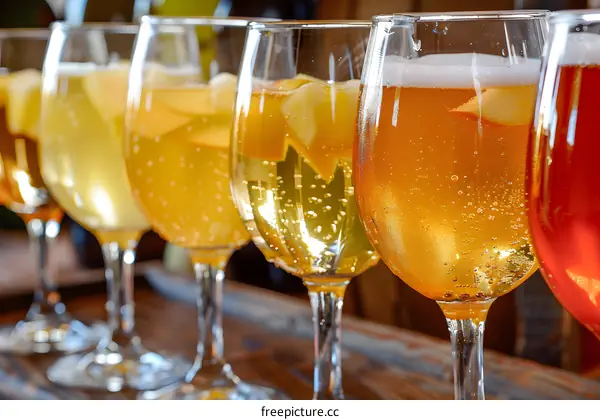Selection of Sparkling Apple Cider in Wine Glasses
