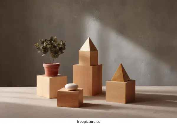Geometric Wooden Display with Plant