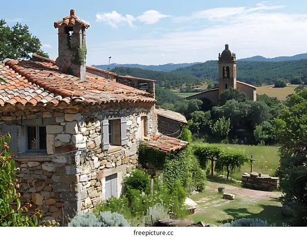 Stone houses and church in a rural French village