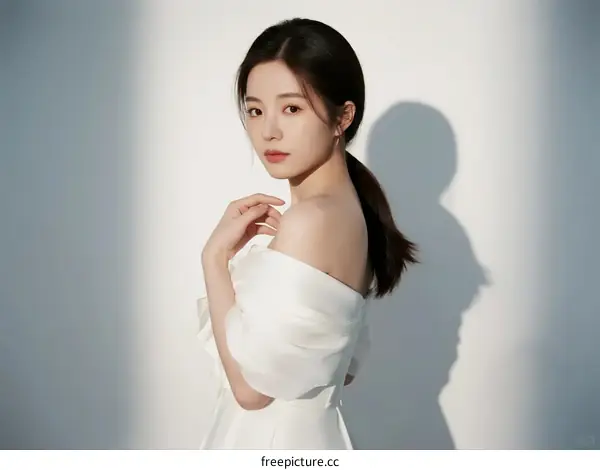 Elegant Young Woman in White Off-Shoulder Dress Posing Gracefully