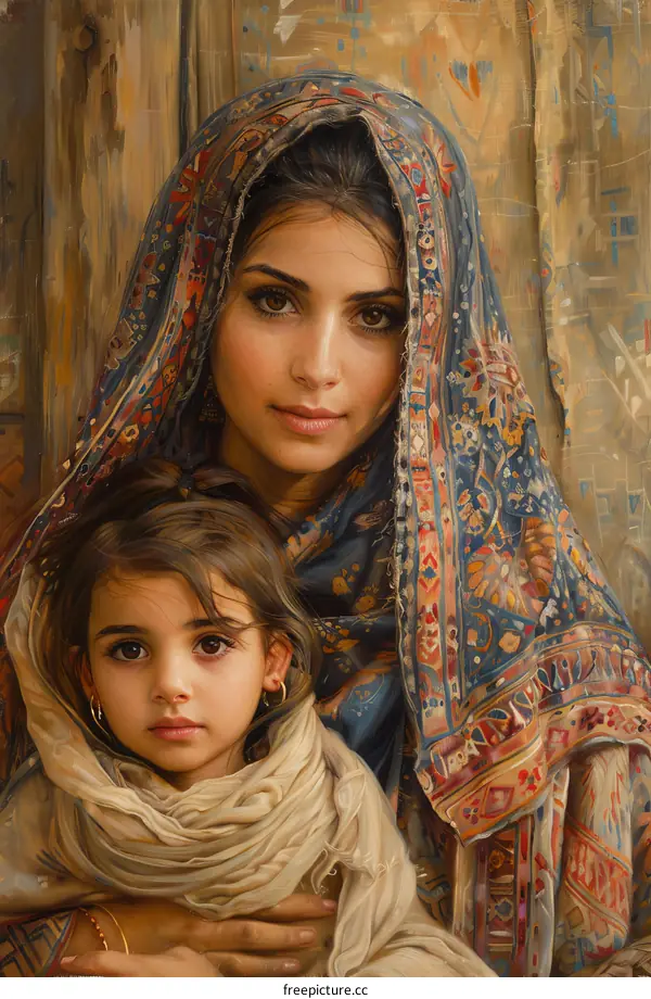 A Portrait of a Mother and Daughter in Traditional Attire