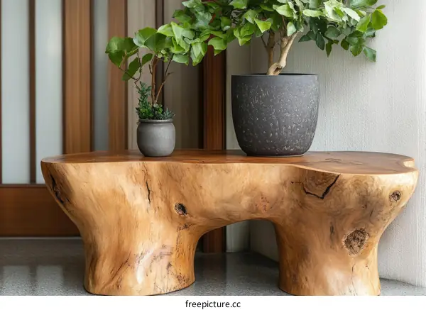 Natural Wooden Stump Coffee Table with Potted Plants