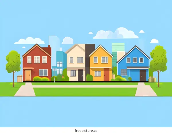Colorful Houses on a Sunny Day Suburban Neighborhood Illustration
