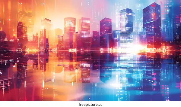 City lights reflecting on water at night